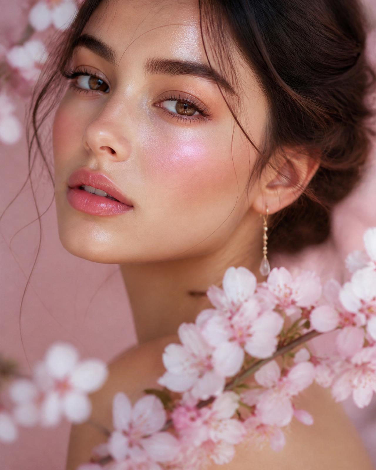 Portret editorial cu machiaj natural în tonuri de cherry blossom