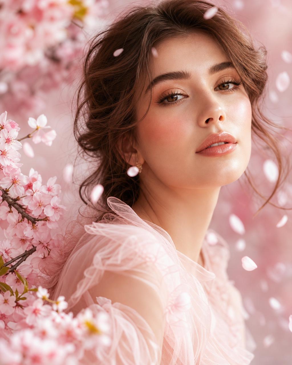 Portret editorial cu petale de cireș și machiaj cherry blossom